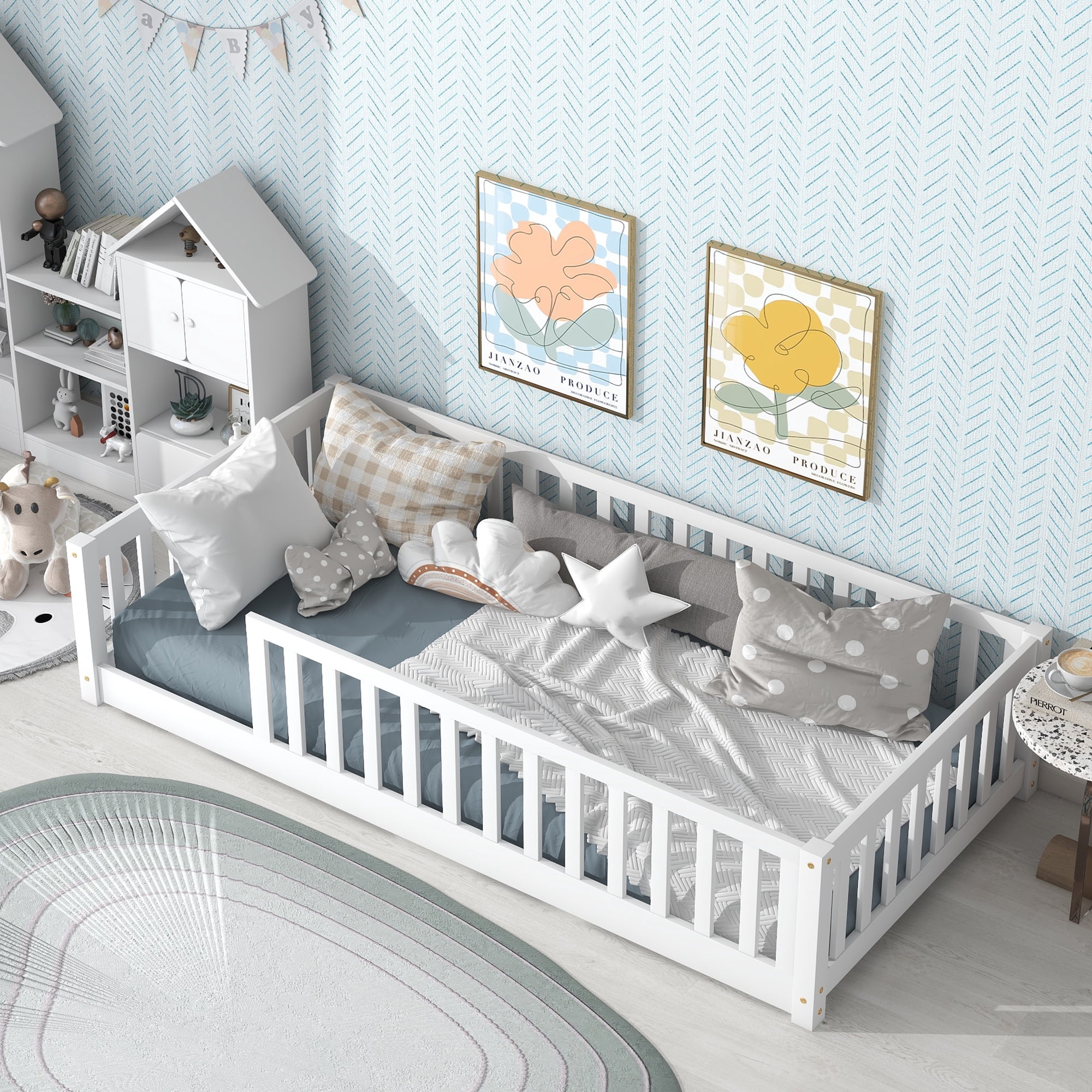 Sailvan Twin Floor Bed with Safety Guardrails,Solid Rubber Wood Fence Kids Bed Frame White
