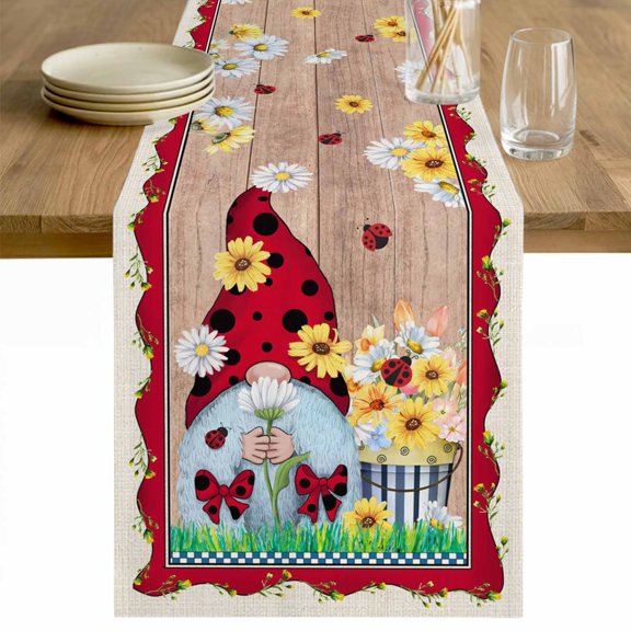 Red Gnomes Table Runner - 72 Inch Long Spring Daisy Wildflowers Farmhouse Wooden Plank Cotton and Linen Blended Dress Scarves Farmhouse Table Runner for Kitchen Dining, Coffee Table, 13" x 72"