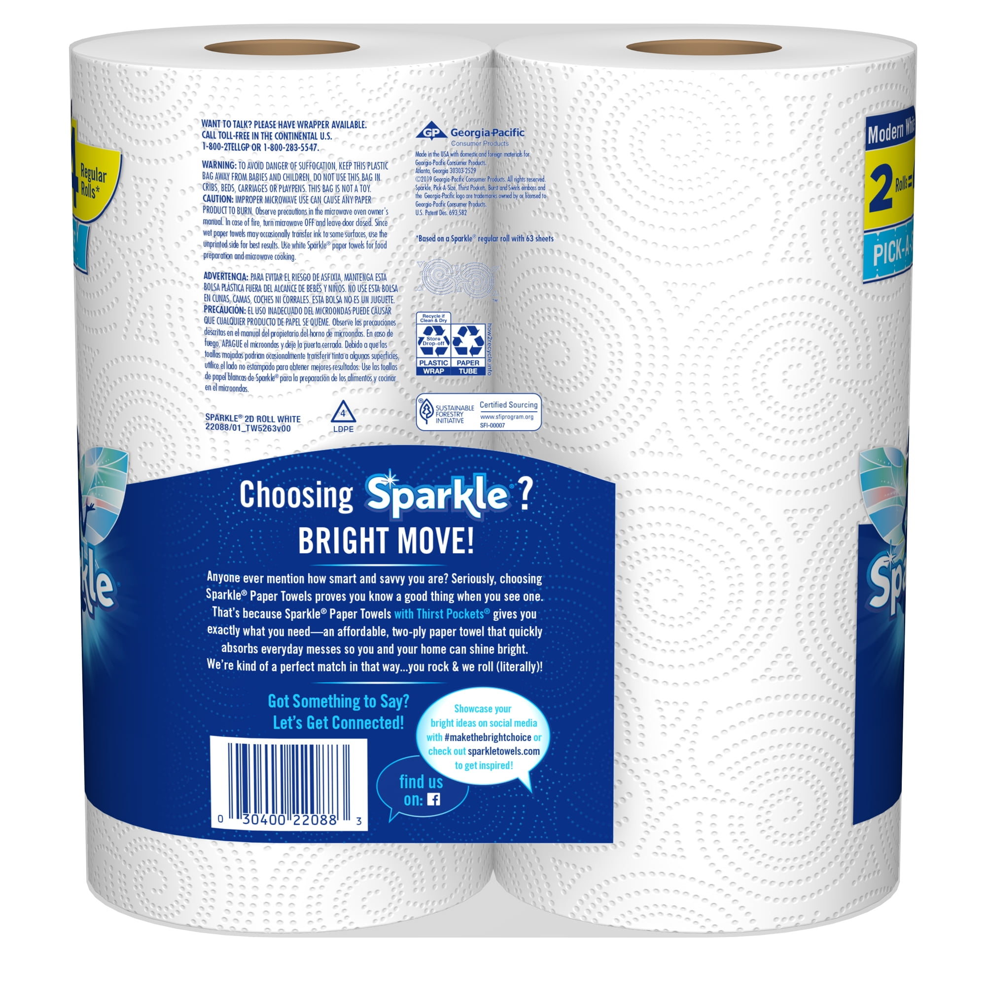 Sparkle Pick-A-Size Paper Towels, White, 2 Double Rolls = 4 Regular Rolls, 126 2-Ply Sheets Per Roll