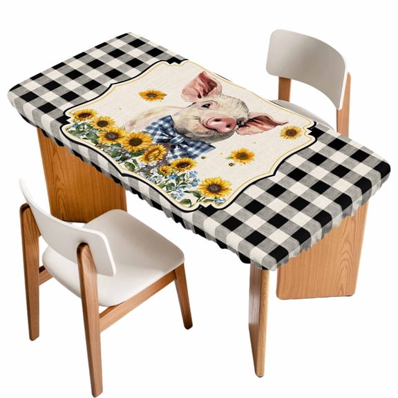 Pig Sunflowers Table Cloths for 4 Foot Rectangle Tables, Yellow Floral Black White Checkered Rustic Patio Waterproof Elastic Fitted Tablecloths, Washable Rectangular Table Cover for Camping