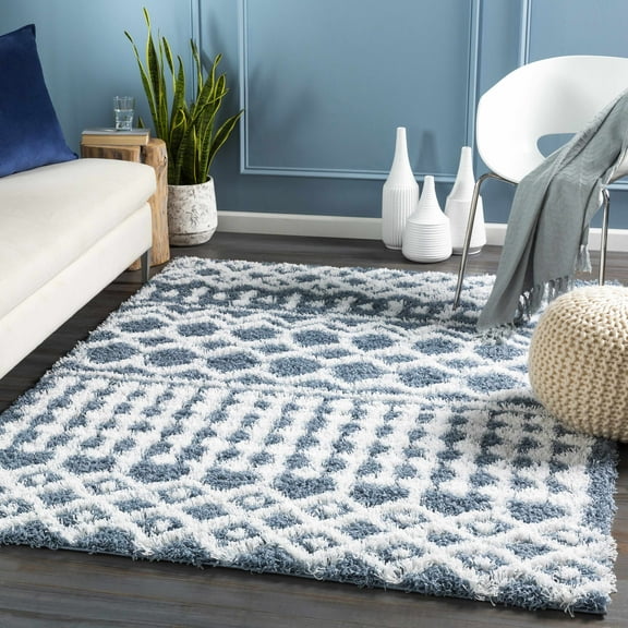 Hauteloom Promp Shaggy Farmhouse Small Area Rug - Bohemian Moroccan Trellis High Plush Pile - Shag Carpet - Blue, White, Denim - 2' x 2'11"