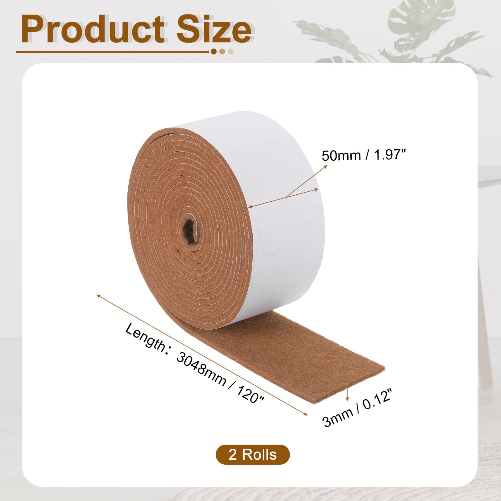 Felt Strips with Adhesive Backing, 2 Pack 2" x 120" x 0.12" Adhesive Felt Strips Anti Scratch Furniture Felt Tapes Self-Stick Felt Pads for Protecting Hardwood Floor, Light Brown