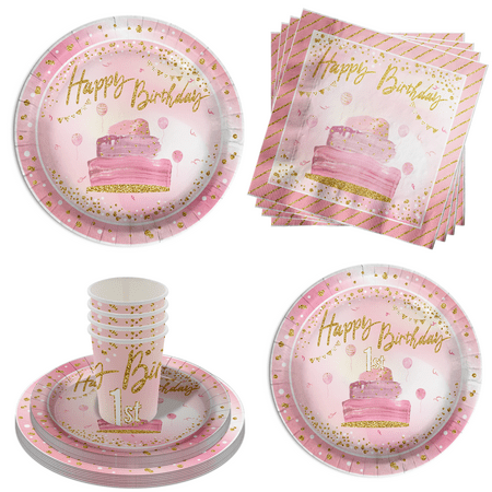 Baby Girls 1st Birthday Party Supplies - Happy Birthday Pink and Gold Birthday Party Supplies 64 Piece Tableware Set Includes Large 9" Paper Plates Dessert Plates, Cups and Napkins Kit for 16