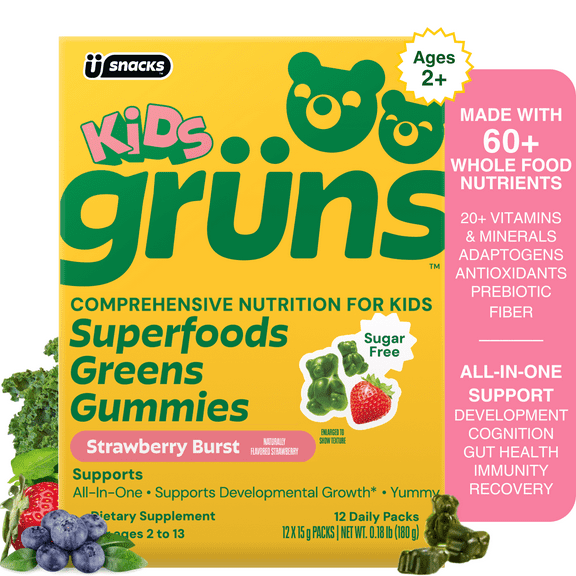 Gruns Kids Vitamin Sugar-Free Super Greens Gummies, Made with 60 Organic Ingredients, 21  Vitamins & Minerals, Prebiotics, Adaptogens, Spirulina & Chlorella, Ages 2 , 12 Servings