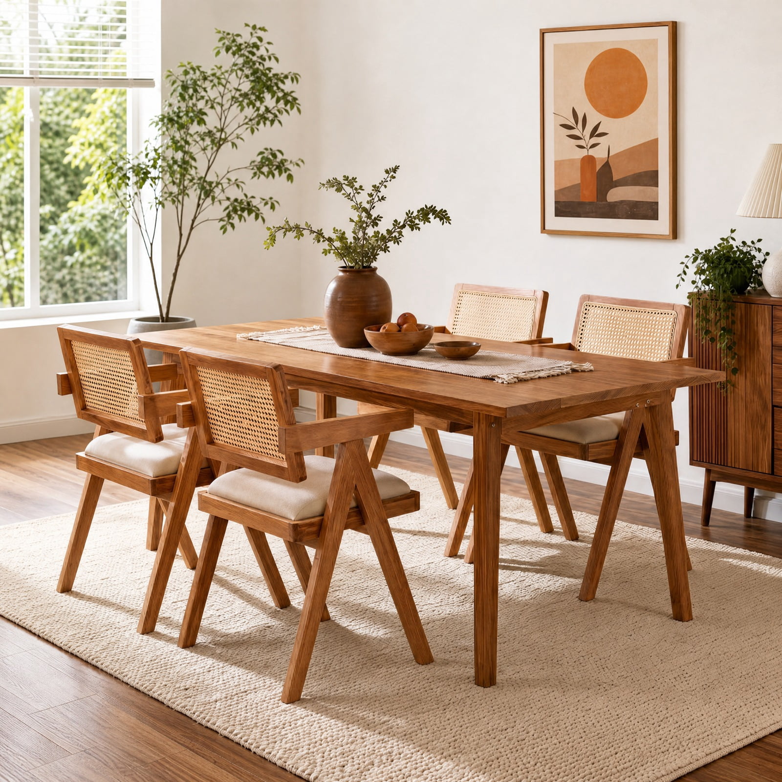 Furnibear Set of 2 Rattan Accent Chairs with Padded Cushion and Rubber Wood Frame for Dining Room Kitchen and Living Room, Beige
