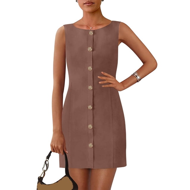 Ovzne Robes d'Été pour Femmes Robe de Plage Mode Femmes Couleur Unie Sans Manches Col Rond Bouton Robe Courte de Travail Grande Taille Liquidation
