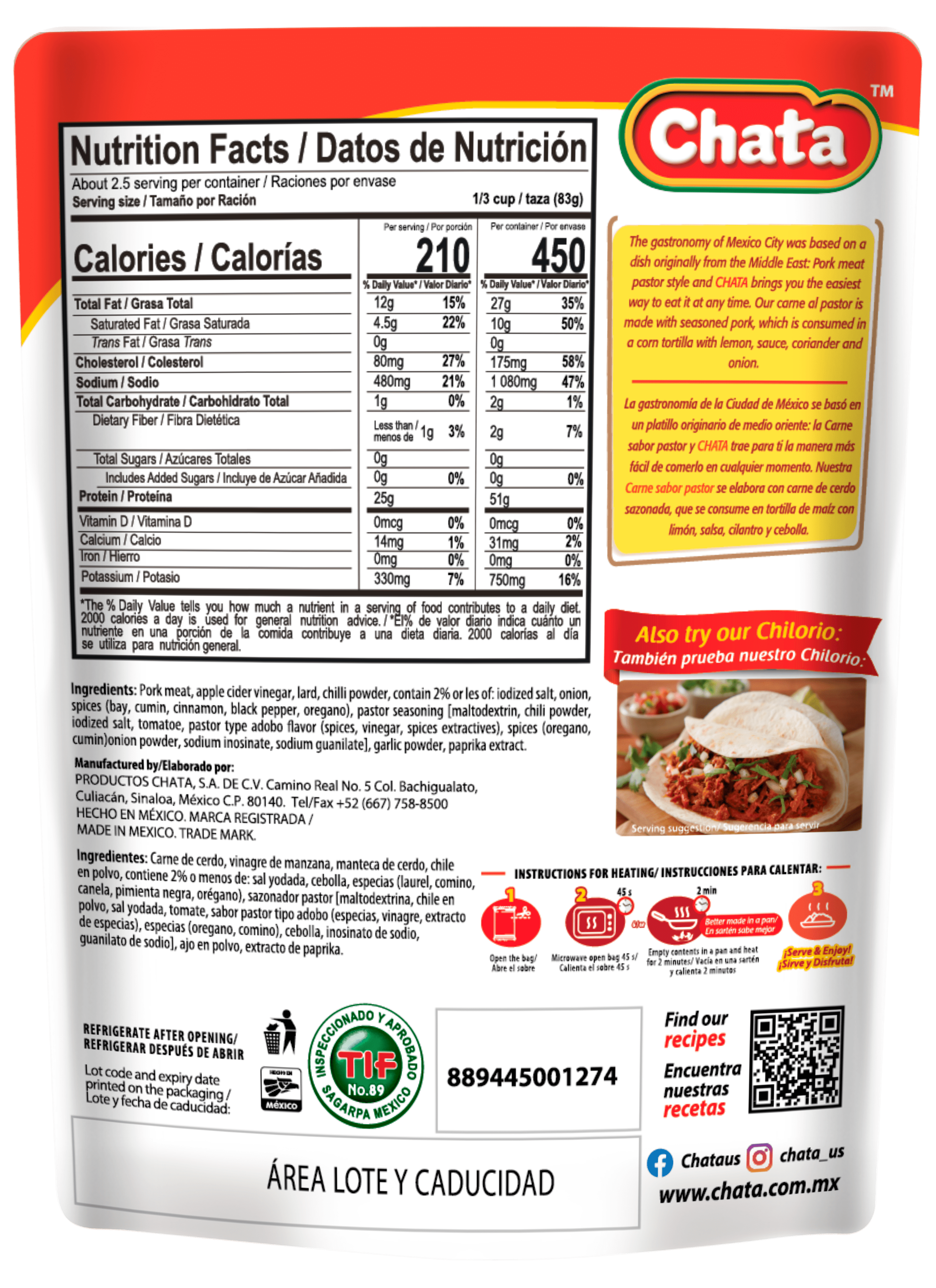 Chata Pork Meat Pastor Style Pouch, 8 oz, Pack of 2