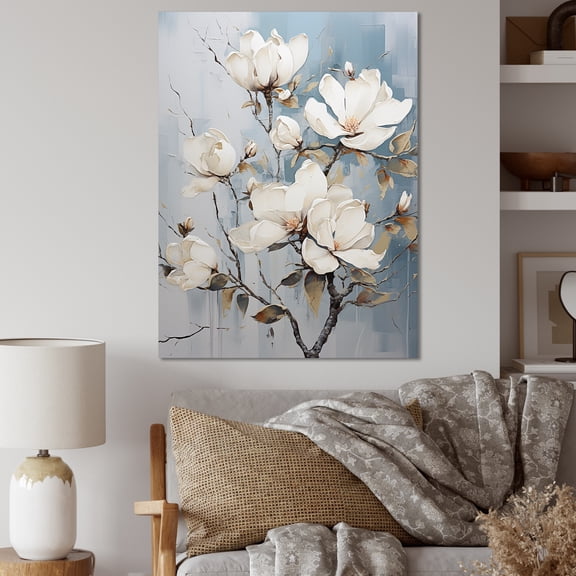 Designart "Beautiful White And Blue Magnolia Blooms I" Magnolias Wall Art Prints