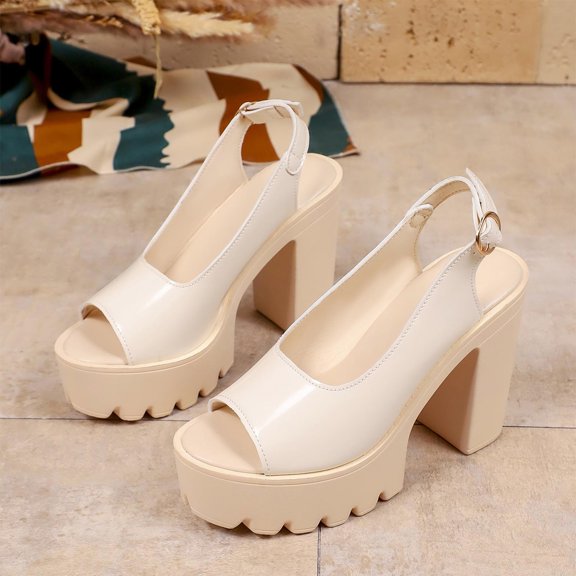 Lenago Women's Platform High Heel Sandals Open Toe Chunky Heel Slides Dress Shoes Backless Loafers Slip On for Summer Party Night Out Beige 5.5