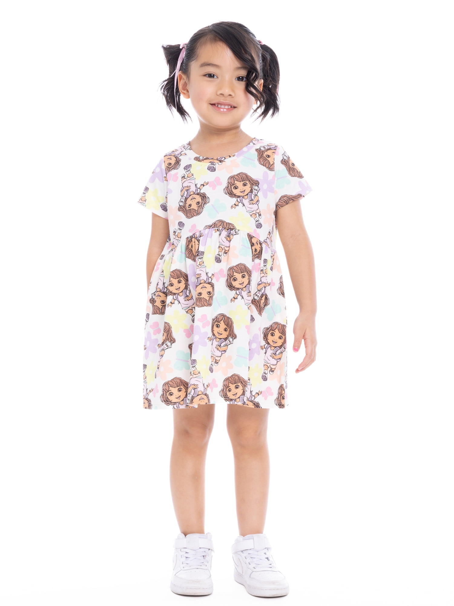 Dora the Explorer Toddler Girl All Over Print Short Sleeve Dress, Sizes 12 Months-5T