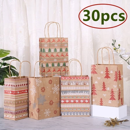 Christmas Decorations - 30 PCS Christmas Holiday Classic Variety Kraft Gift Bags Bulk with Christmas Prints - Good for Christmas Goody Bags,Xmas Party Favors, Holiday Treat Box