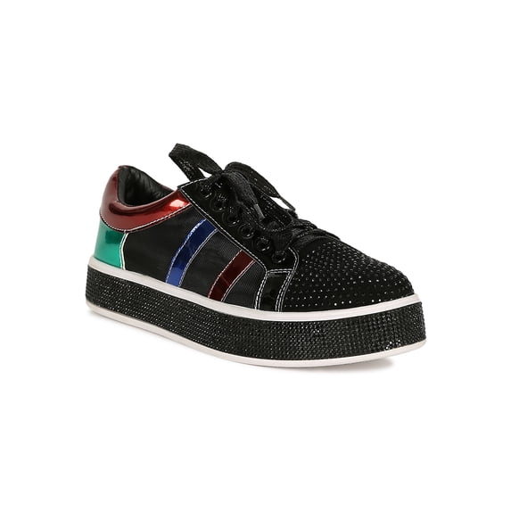 Women Mesh Color Panel Round Toe Lace-Up Rhinestone Trim Sneaker 18983