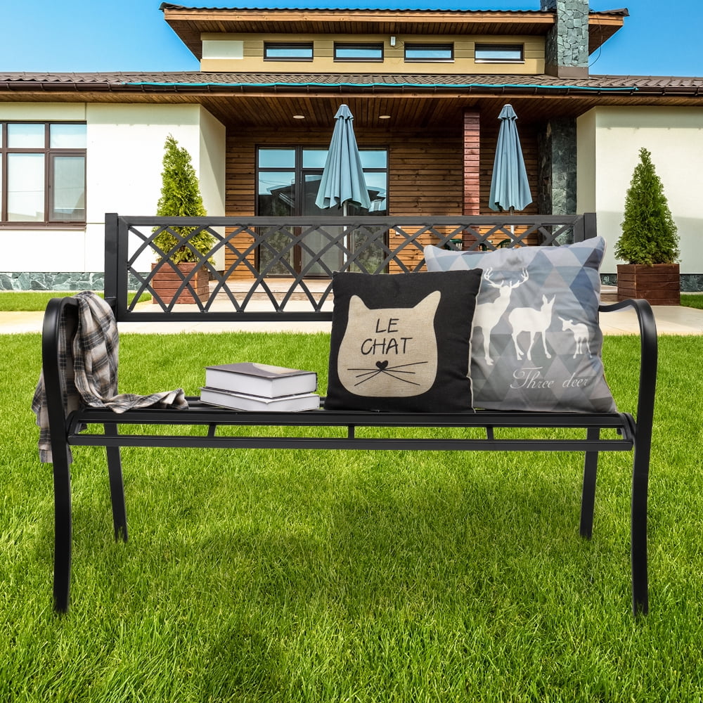 Outdoor 47" Patio Park Garden Bench Porch Path Chair Deck Iron Frame Black Outdoor 47" Patio Park Garden Bench Porch Path Chair Deck Iron Frame Black