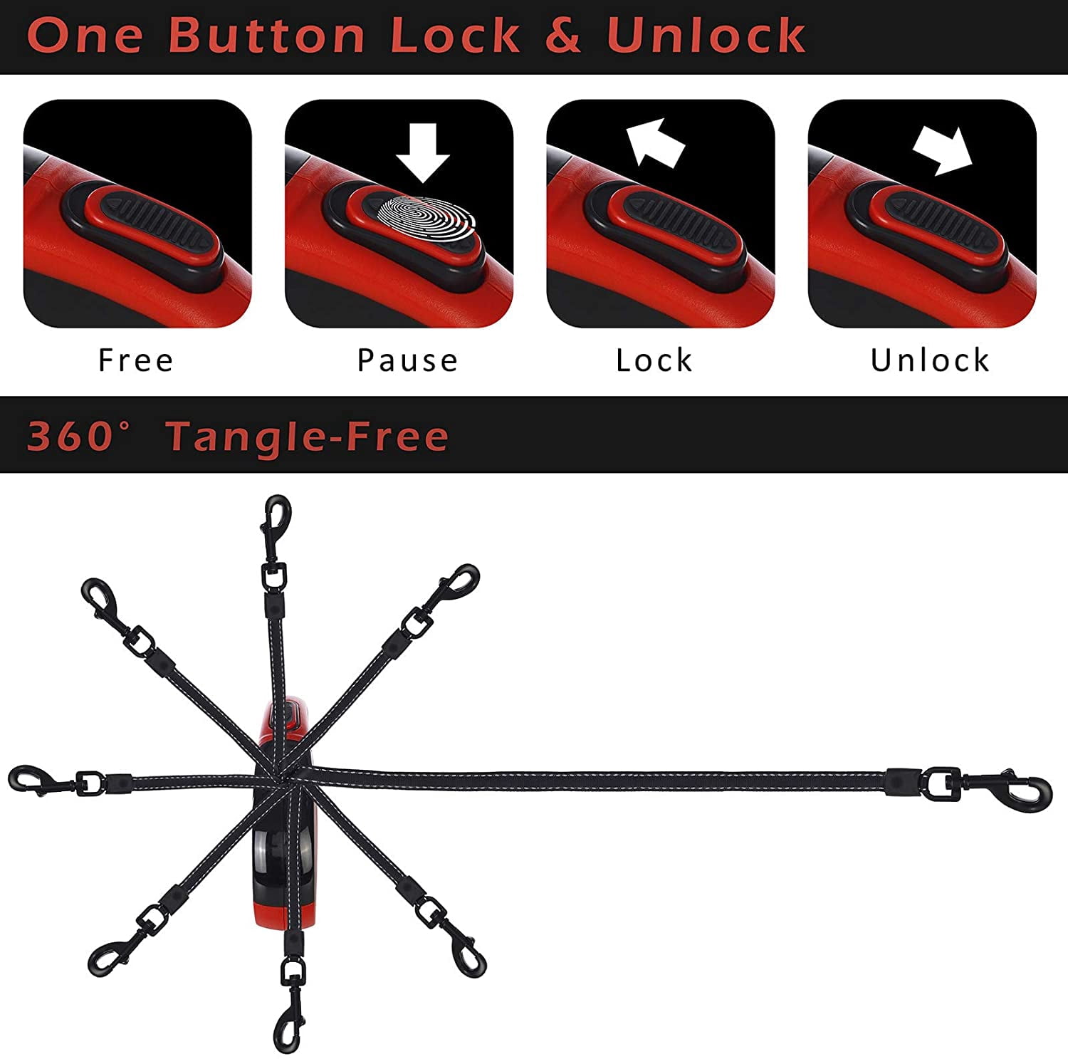 Beastron (Upgraded) Heavy Duty Retractable Dog Leash, 16" Extra Long Tangle-Free Reflective Nylon, Medium to Large Dogs up to 110lbs, One Button Lock/Unlock, Waste Bags and Dispenser Included (Red)