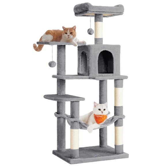 Feandrea - Árbol para gatos de varios niveles para interiores, torre para gatos tipo condominio con 4 postes para rascar, 2 posaderos, hamaca y cueva, gris claro, 56.3 pulgadas,