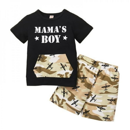 

[BRAND Cleance Sale!]Summer Children Kids Boys Short Sleeve Letters Print T-shirt Blouse+Camouflage Shorts Casual Outfits Set