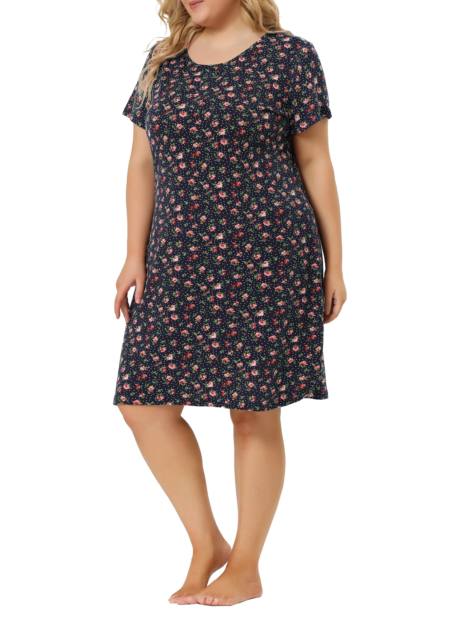 Unique Bargains Women's Plus Nightgown Pattern Short Sleeve Round Neck Sleepwear