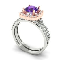 Clara Pucci 18K White/Rose Gold Round Cut 1Ct Natural Amethyst Engagement Ring   Matching Band - Luxury Box Included