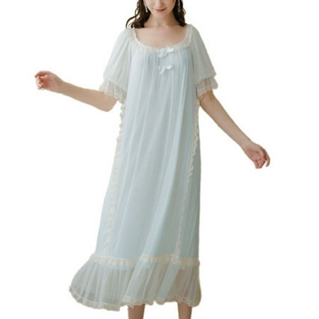 

Homgro Women s Short Sleeve Victorian Nightgown Cute Princess Vintage Pajama Dress Summer Soft Mesh Overlay Lace Frilly Hem Billowy Ruffle Long Sleep Shirt Light Blue Medium