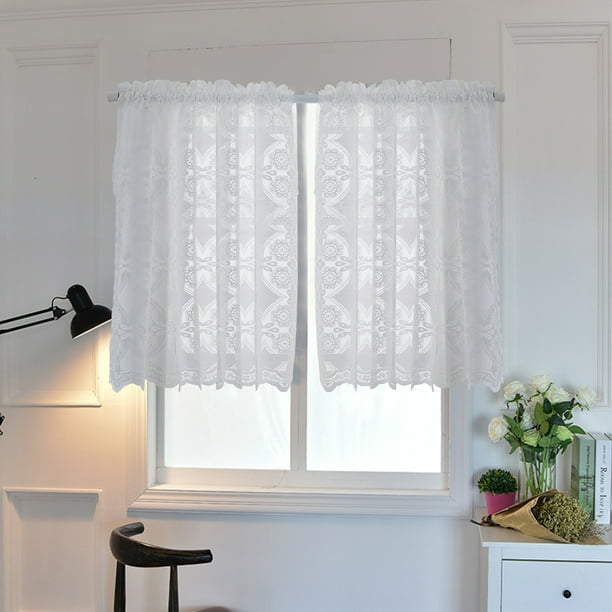 TSV 2pcs White Tier Curtains  White Lace Kitchen Curtain  