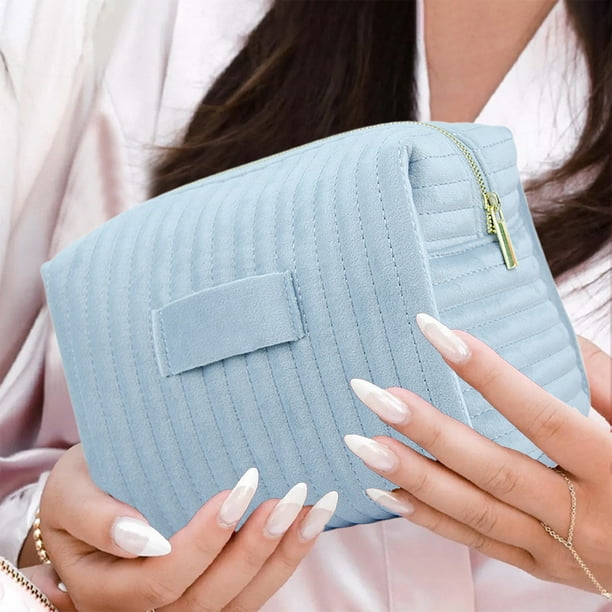 Neceser de terciopelo a rayas | Neceser de maquillaje de viaje bordado | Estuche impermeable y suave para guardar pinceles y pintalabios | Organizador portátil para bolso y maleta