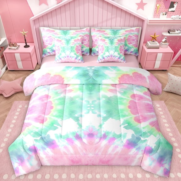Homewish Tie Dye Twin Bedding Sets 7-Piece for Children Teens Adults,Abstract Gradient Watercolor Bedding Comforter Set Microfiber,Ombre Vintage Aesthetic Breathable Sheet Sets,Breathable Home Decor