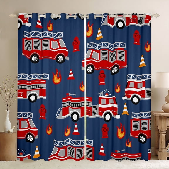 jejeloiu Fire Truck Blackout Curtains Set of 2 (52x84 Each),Firefighter Theme Window Curtains,Deepblue Red Curtains and Drapes For Boys Kids,Luxury Bedroom Decor