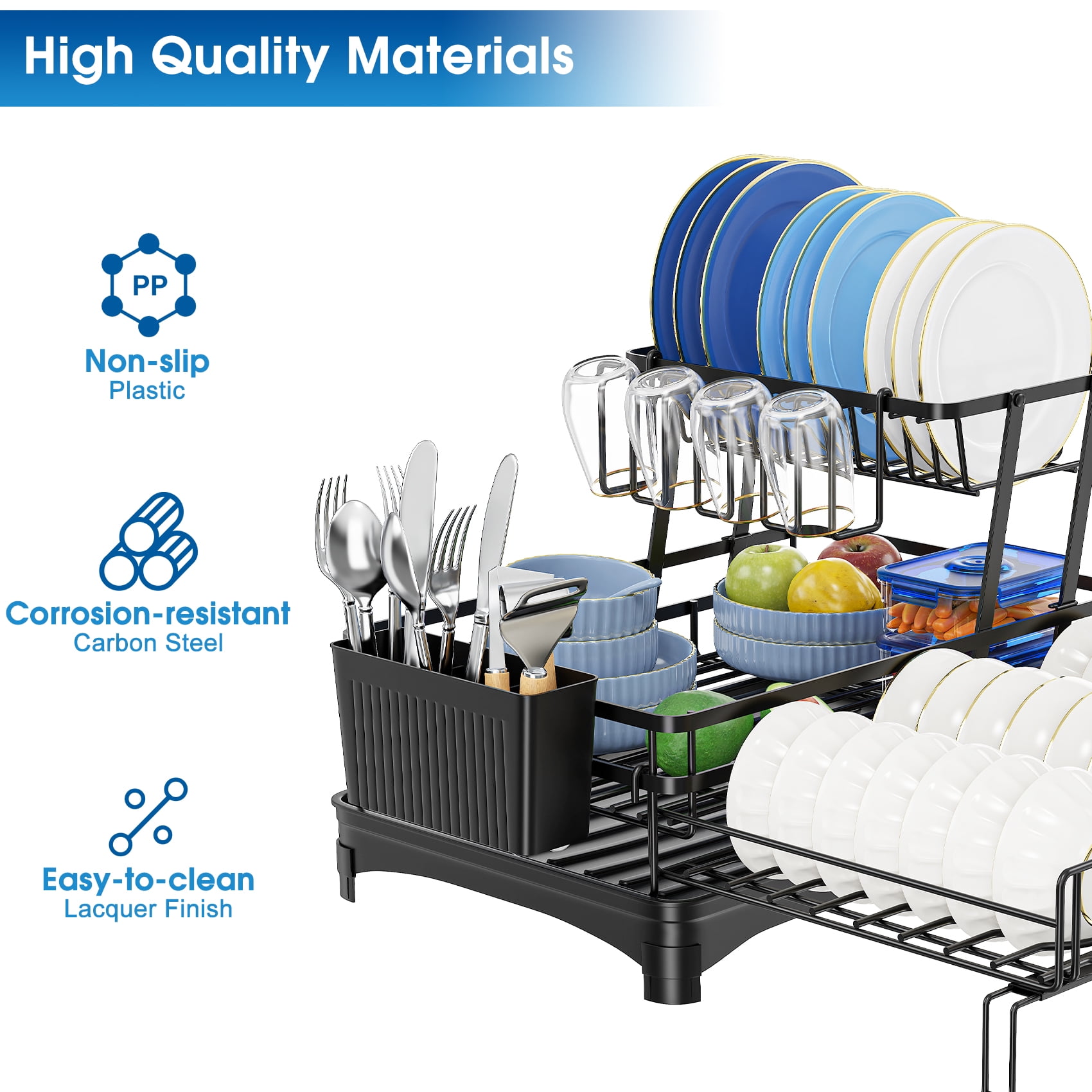 Glovv Dish Racks Kitchen Sink Organizer , 2-Tier Kitchen Organizers and Storage for Kitchen Counter, Over the Sink Dish Drying Rack with Auto Drainage System, Black