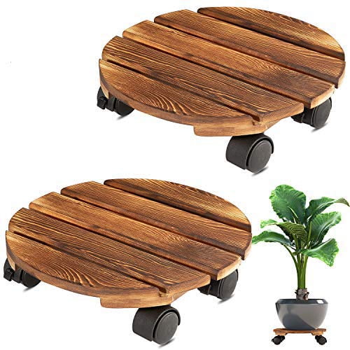 Yangbaga Lot de 2 Caddy de Plantes 11.8 Pieds' Rouleau Rond en Bois avec 2 Roues Verrouillables à 360°, Intérieur Extérieur sur Rouleau Patio/pot de Fleurs/pots Succulents