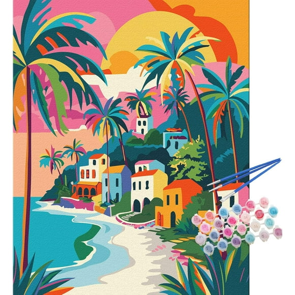 shiyou-Beach Paint by Numbers Kit for Adults Beginner,Travel Beach Paint by Number Canvas,Simple Oil Adults' Paint-by-Number Kit Palm Tree Sea 16x20inch