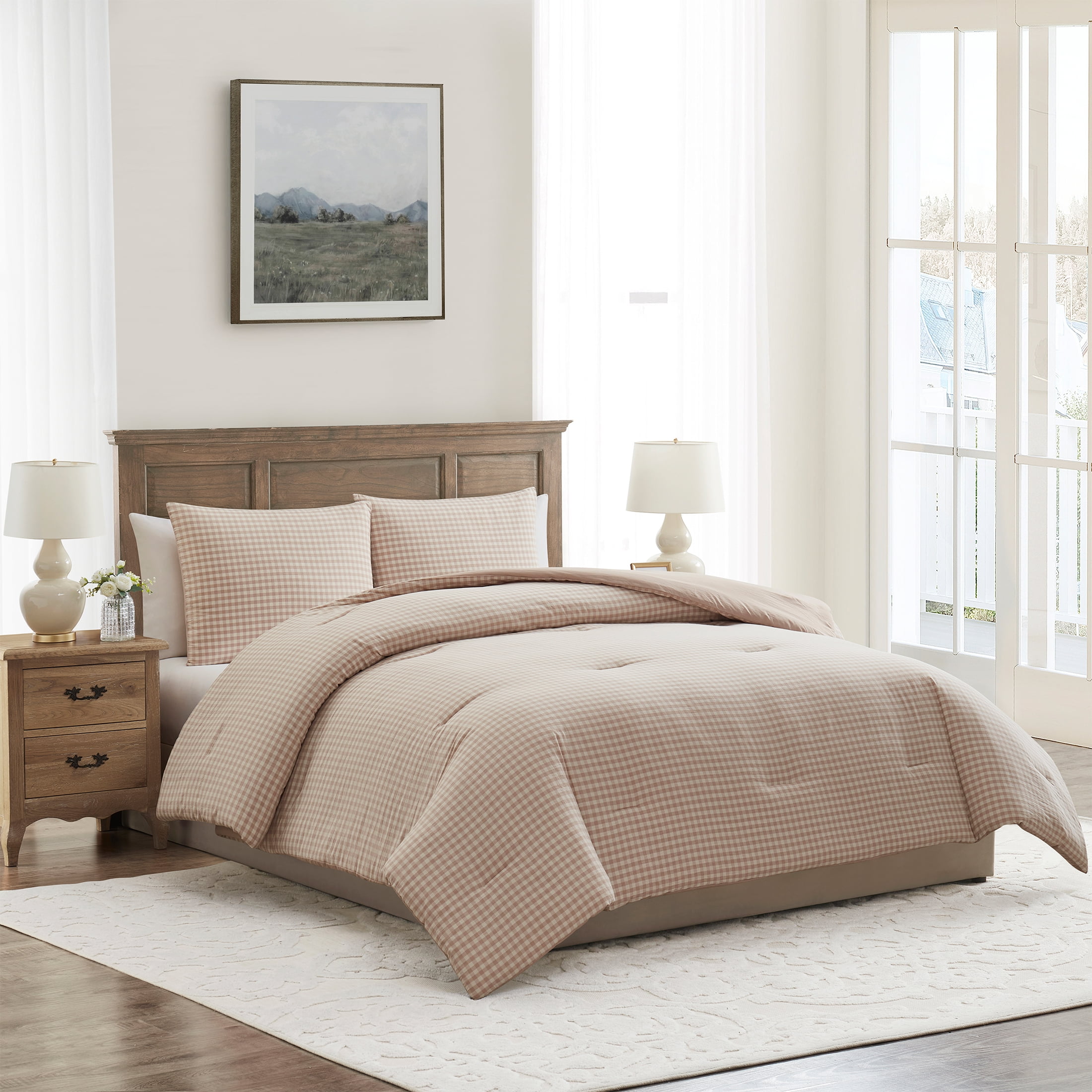My Texas House Collins 2-Piece Taupe Gingham Cotton Comforter Set, Twin/Twin XL