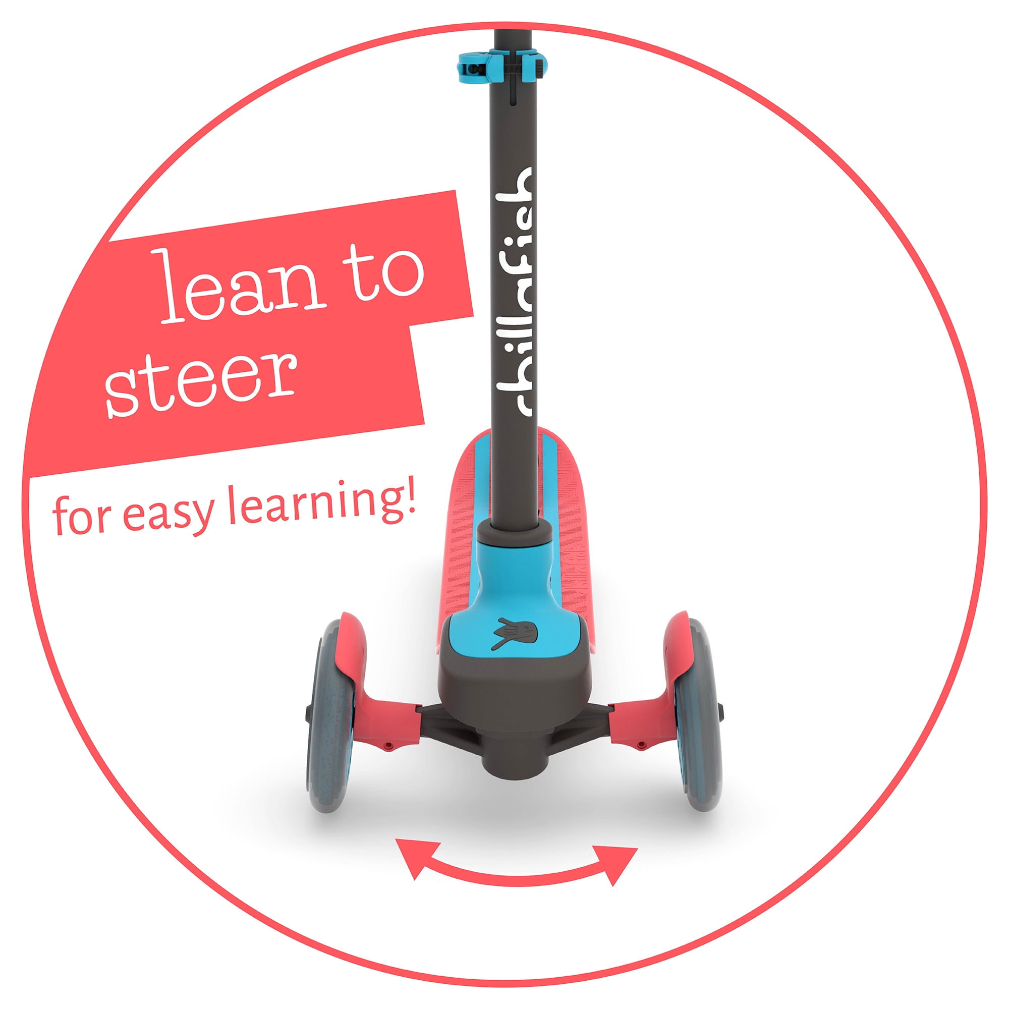 Chillafish Scotti 3-Wheel Lean-to-Steer Scooter with Twintip Antislip Deck and Integrated Brake, Adjustable Height Handlebars, Comfy Handgrips, for All Ages 3 and Up, Red