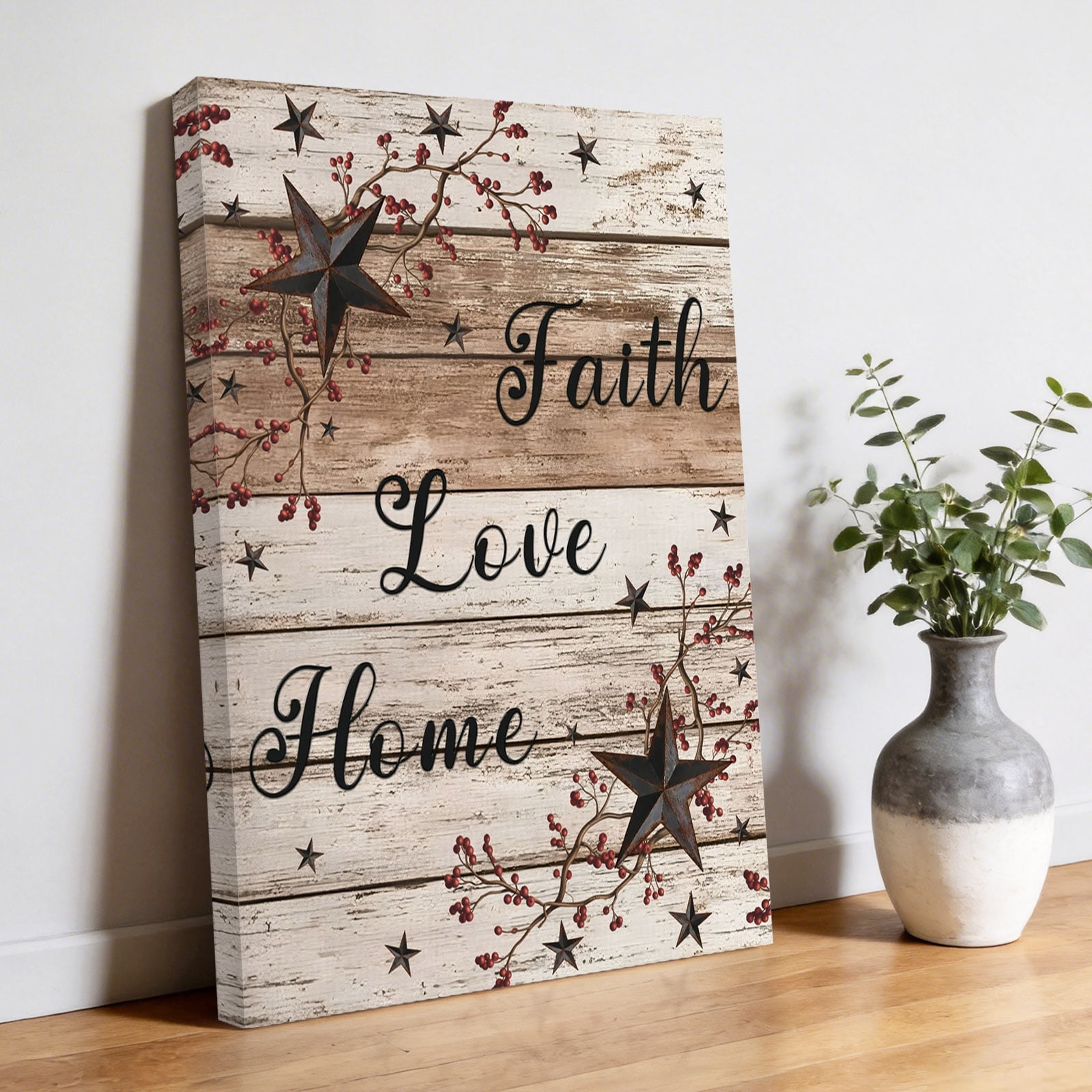 Retro Country Stars Canvas Wall Art for Living Room, Faith Love Home Berries Farmhouses Wood Grain Poster Print Painting for Bedroom Office Home Decoration Wall Pictures Prepare To Hang 12"x12"
