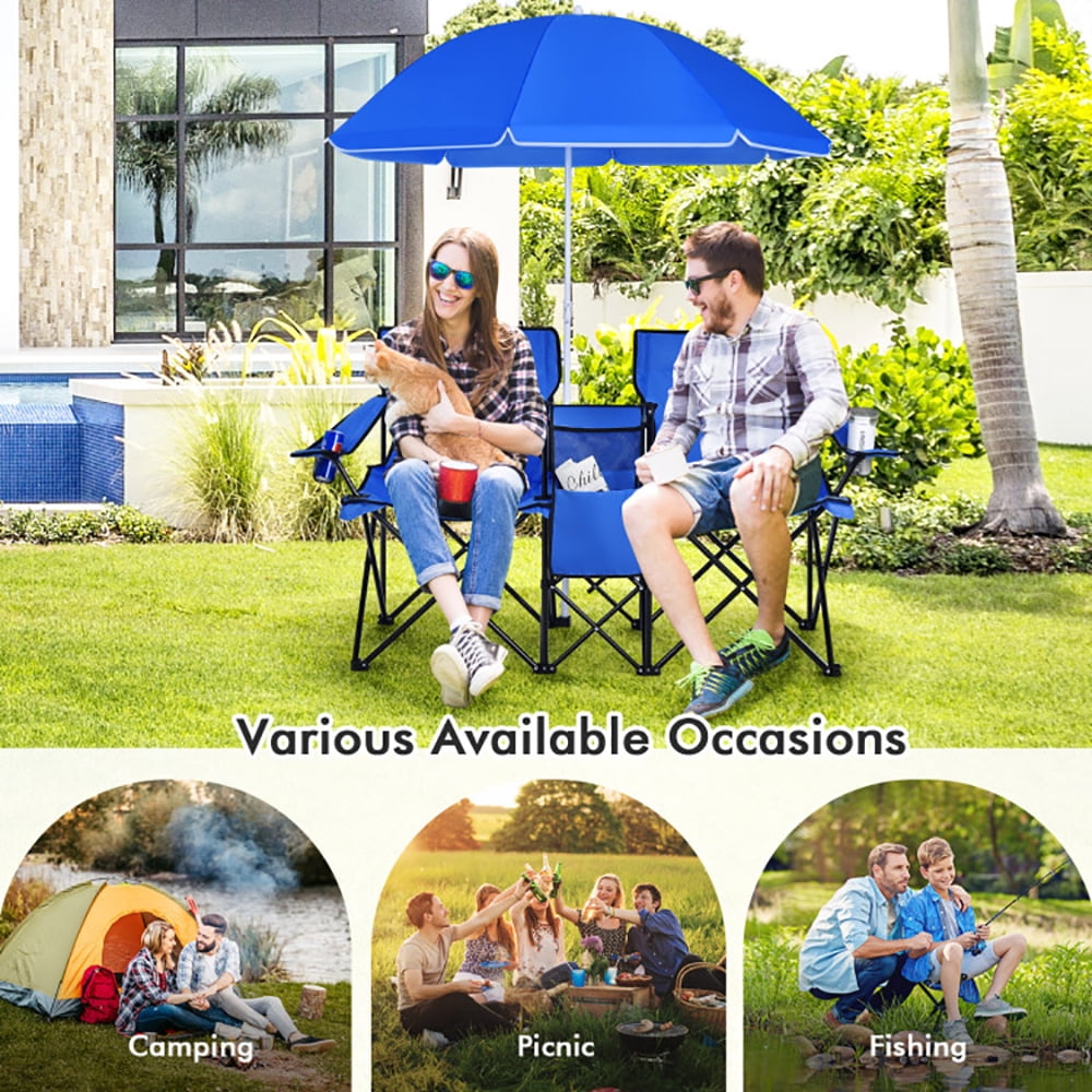 Aimee Lii Portable Folding Picnic Double Chair with Umbrella, Double Camping Chairs for Adults, Blue Aimee Lii Portable Folding Picnic Double Chair with Umbrella, Double Camping Chairs for Adults, Blue