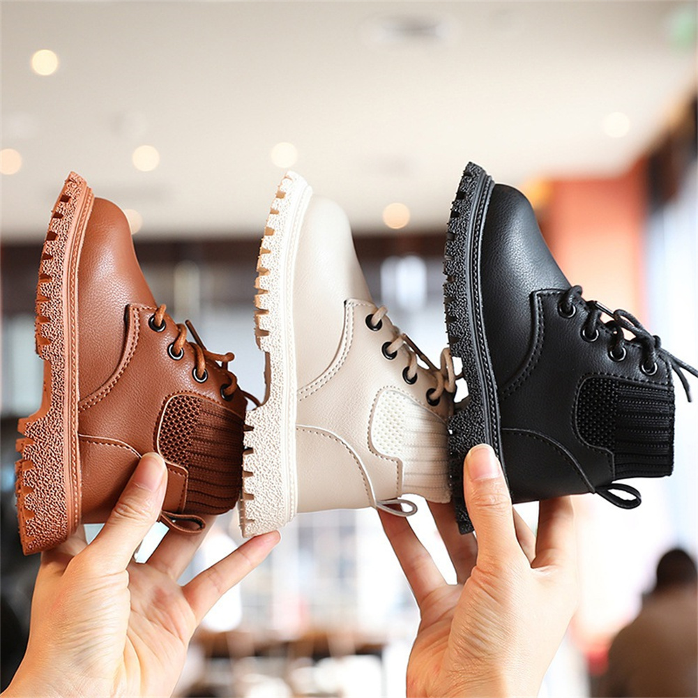 Unisex Girls Boys PU Leather Round Toe Lace Up Ankle Boots Non-Slip ...