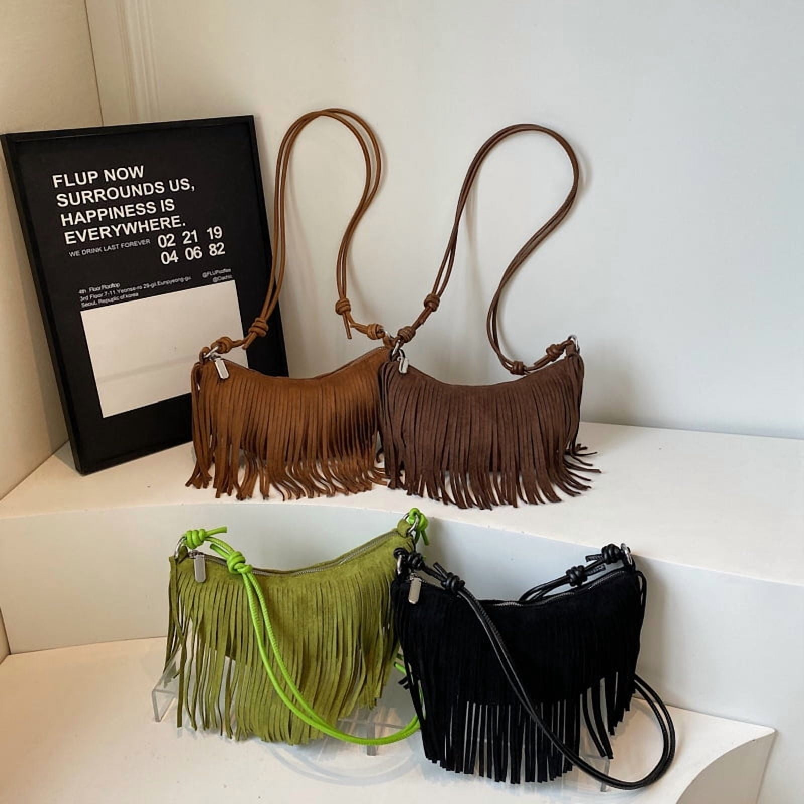 Baguery Vintage Suede Fringe Bag for Women - Y2k Boho Chic Crossbody Dumpling Purse Trendy Shoulder Handbag (10×4×7in)​