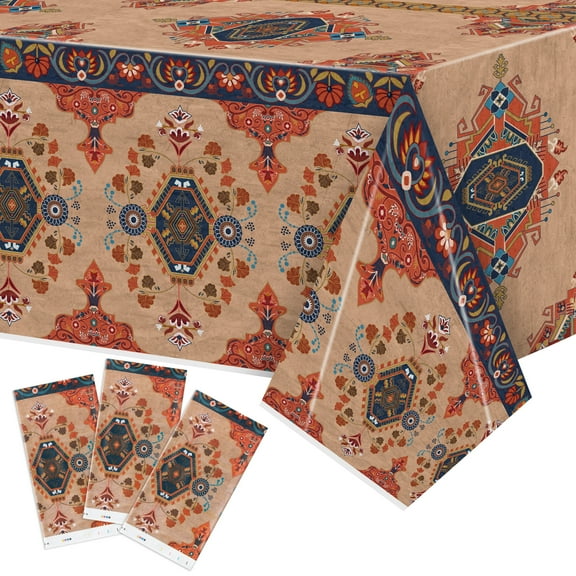 Belanttega 3Pcs Vintage Boho Party Tablecloth - 108 x 54 Inches Plastic Table Cover Disposable Geometric Rustic Farmhouse Table Cloth for Kitchen Picnic Birthday Party Supplies