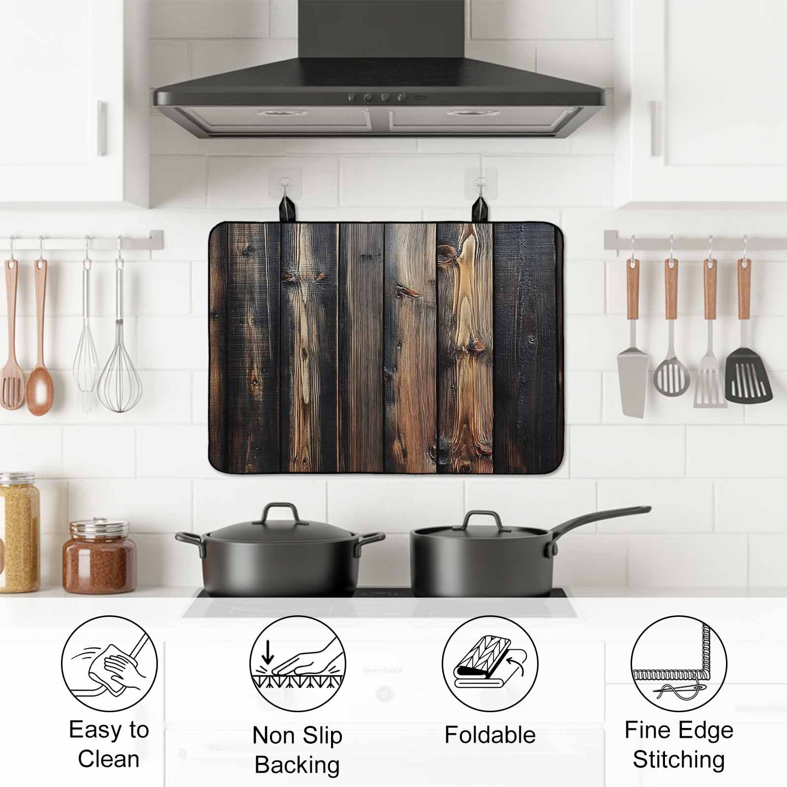 Black Brown Plank Stove Top Cover for Electric Stove, Heat-proof & Non Slip Glass Top Stove Cover Protector, Vintage Chic Wooden Grain Kitchen Flat Cooktop Rubber Mat 24x21 Inches