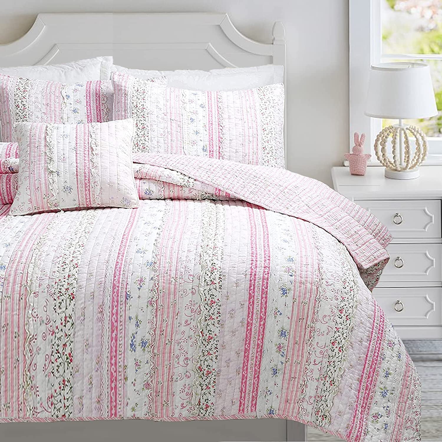 Queen Quilt Set Cottage Chic Lelia Pink Rose Floral Cotton Bedding 