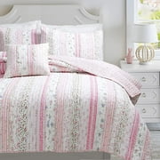 Cozy Line Shabby Chic Floral Ruffle Stripe 100% Cotton Reversible Quilt Set with Decorative Pillow (Pink, Twin - 3 Piece)