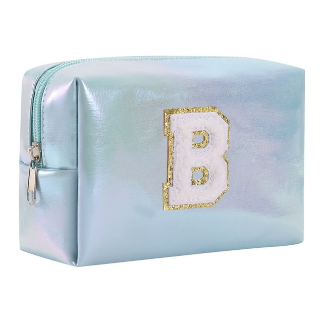 Bolsa de maquillaje con letras bordadas de gran capacidad, neceser, bolsa de viaje, bolso de mano, bolso de cosméticos, azul