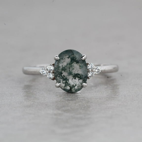 Oval Moss agate Diamond Ring Art deco Engagement Ring Anniversary Statement Ring Gemstone Ring White Diamond Ring Moso Diamond Ring