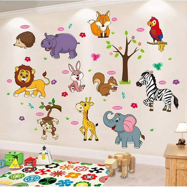 Etiqueta de la pared de animales para niños, zoológico de dibujos animados, calcomanía artística artesanal, papel tapiz autoadhesivo, Mural extraíble, decorar para sala de esta