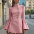 thumbnail image 3 of Women's Blazer Dress Suit Dress Long Sleeve Stand Collar Bell Sleeve Slim Fit Solid Color Dress for Office Spring Fall,Pink,M, 3 of 4