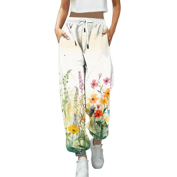 Fiaer Womens Sweatpants Floral Printed High Waisted Pants Baggy Plus Size Trendy Lace up Trousers with Pocket White XL