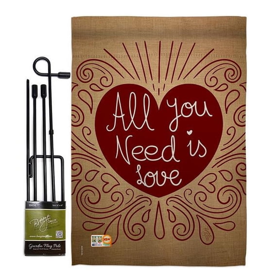 Breeze Decor BD-VA-GS-101052-IP-BO-D-US16-BD 13 x 18.5 in. All You Need Is Love Burlap Spring Valentines Impressions Decorative Vertical Double Sided Garden Flag Set with Banner Pole