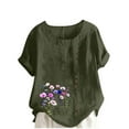 thumbnail image 3 of QIUOMBBP Womens Floral Print Tshirts Linen Roll Up Short Sleeve Plus Size Crew Neck Tops Loose Comfy Summer Lightweight Shirts Army Green L, 3 of 5