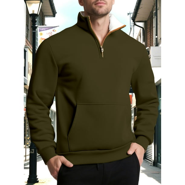 pstuiky hombres de manga larga, Blusa/camisa informal y moderna de color liso con cuello alto, manga larga y bolsillo con cremallera para hombre salir tops s