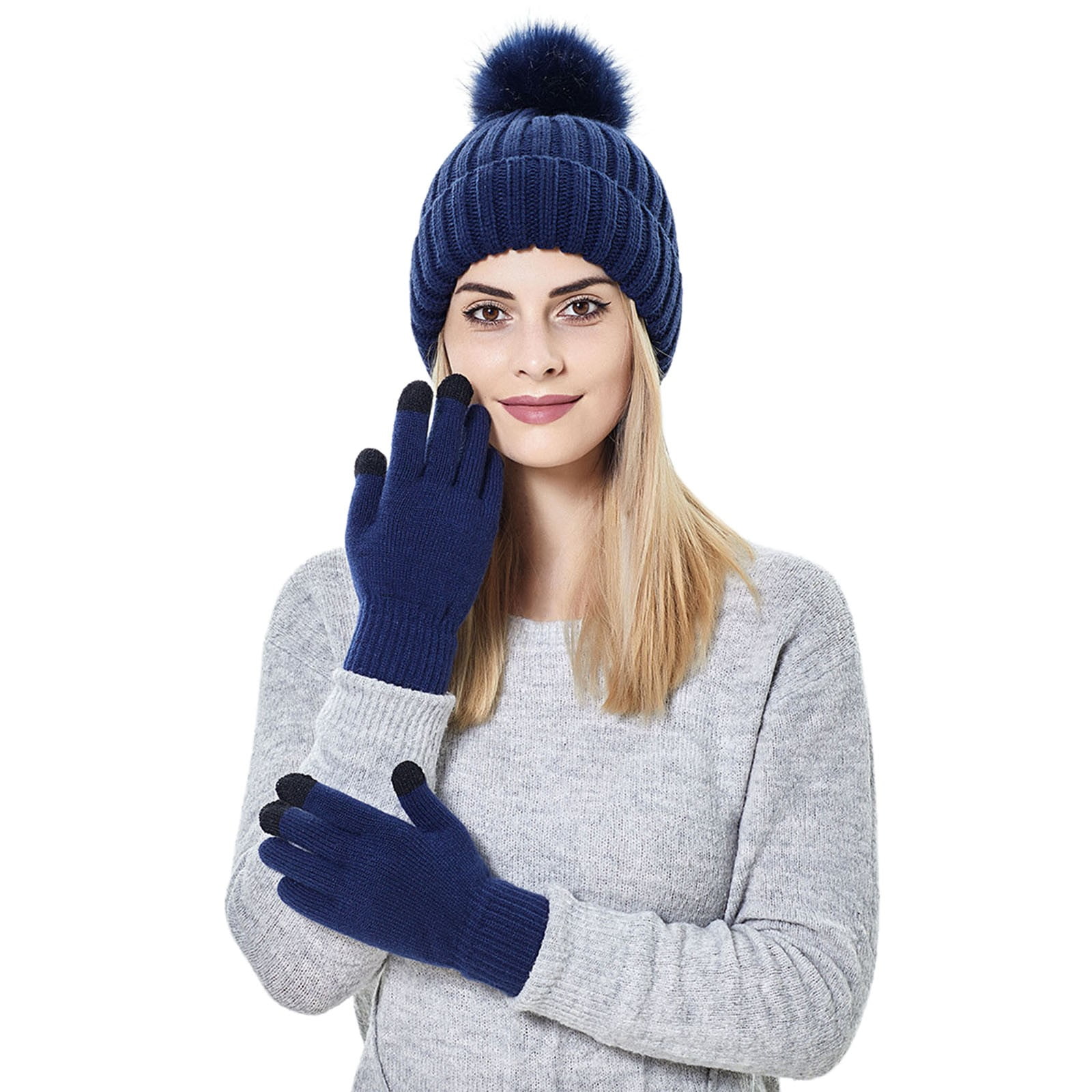 WTXUE Beanie, Gloves for Women Winter Womens Warm Hat Thick Hat Warm Soft with Gloves Knitted Knit Ski Cuff Baseball Caps Gloves with Touchscreen Fingers, Navy