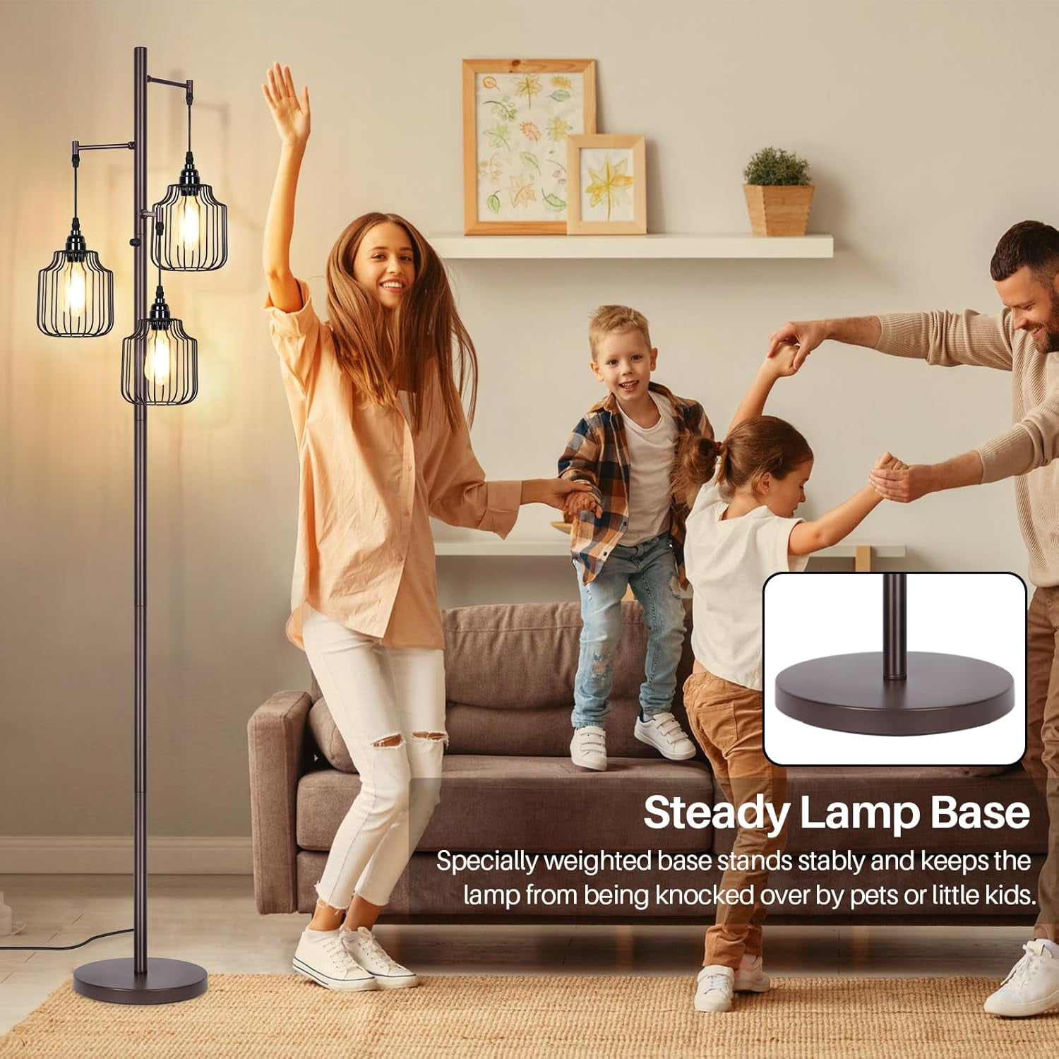 Nordic Hygge Dimmable Industrial Floor Lamp with 3 LED Edsion Bulbs, Brown